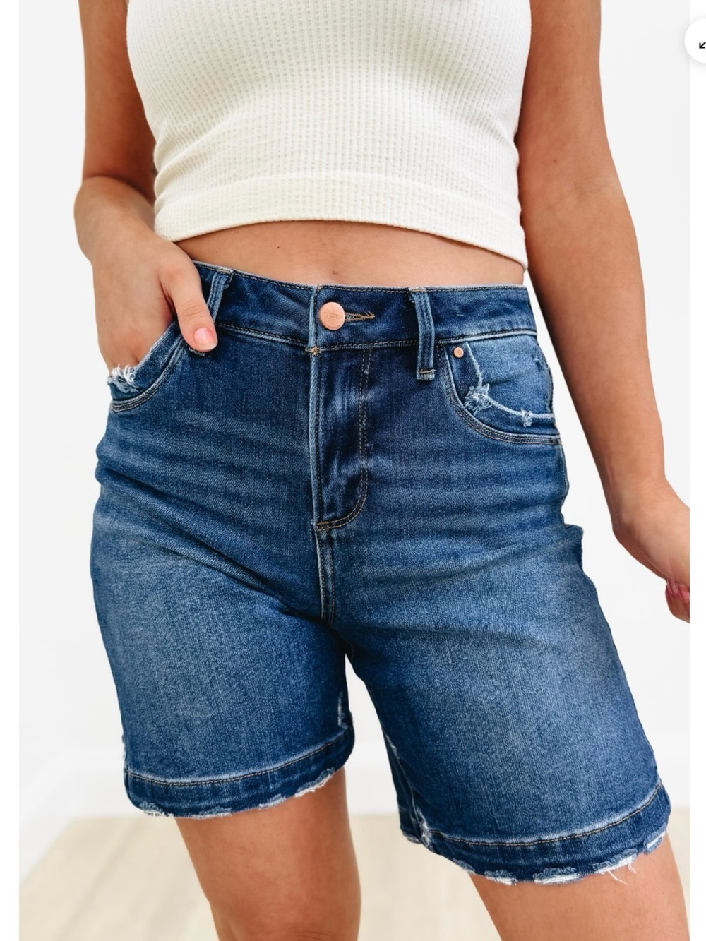 Risen Women's Dark Wash Frayed Hem Denim Shorts - Picture 9 of 9